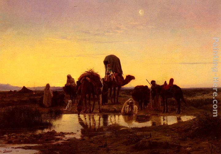 Eugene-Alexis Girardet Camel Train By An Oasis At Dawn